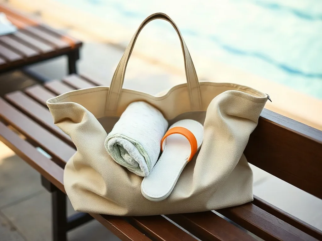 Borsa di tela aperta con telo arrotolato, ciabatte e costume pronti per la spa