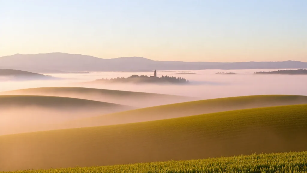 Paesaggio di pianura all'alba con la nebbia sui campi e un campanile in lontananza