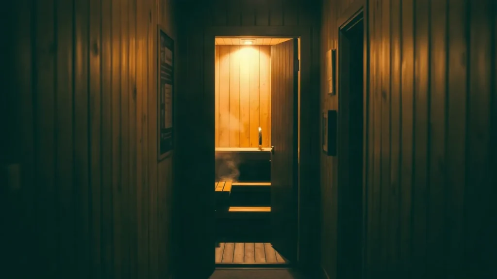 Porta della sauna aperta su un interno di legno illuminato di ambra, con il vapore sulla soglia