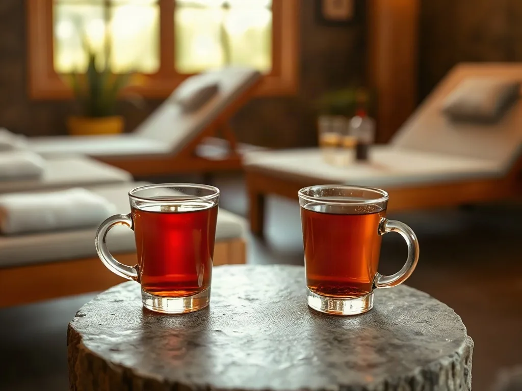 Due tazze di tisana su un tavolino di pietra nella sala relax