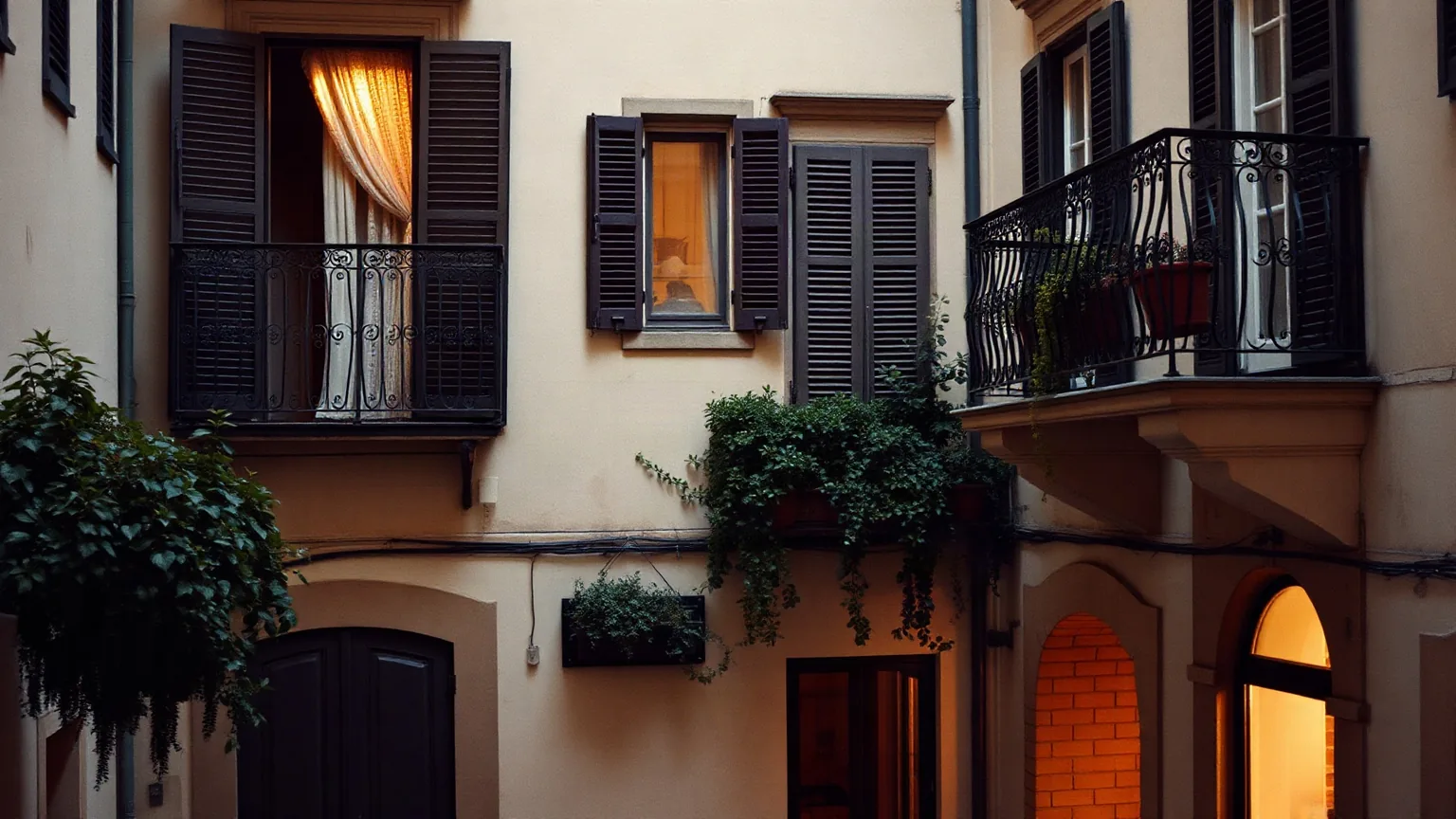 Cortile con ringhiere in ferro battuto e piante, finestre illuminate al tramonto