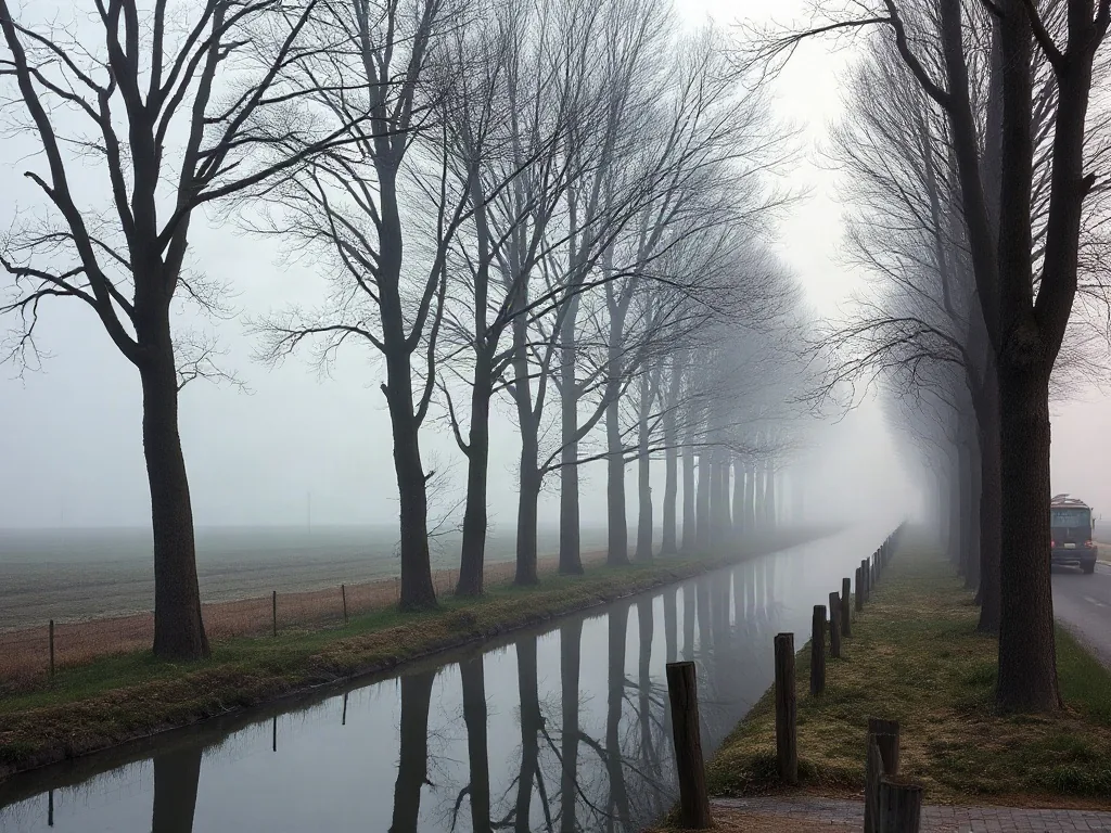 Filare di pioppi spogli lungo un canale di pianura nella nebbia del mattino