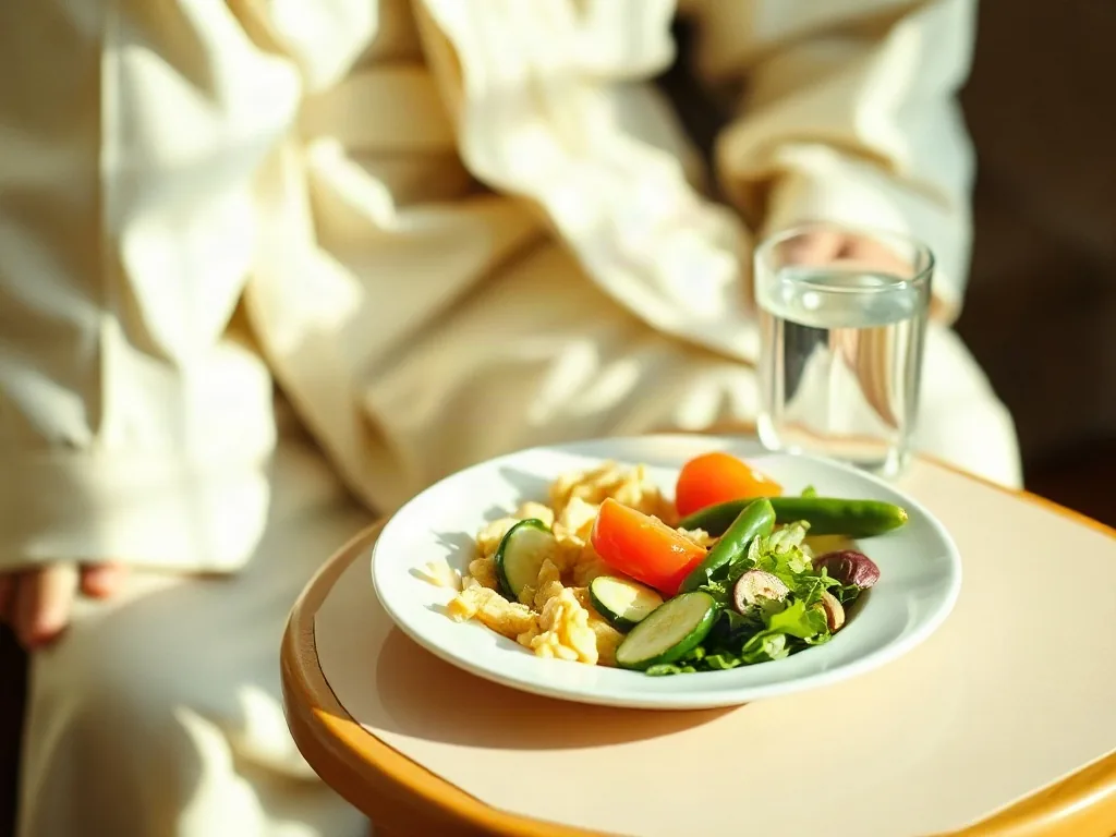 Piatto leggero di verdure e un bicchiere d'acqua serviti a chi indossa l'accappatoio