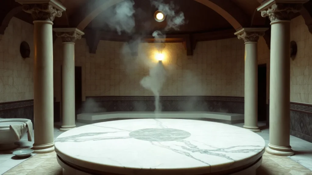Interno di hammam con la grande lastra di marmo riscaldata al centro e le colonne intorno