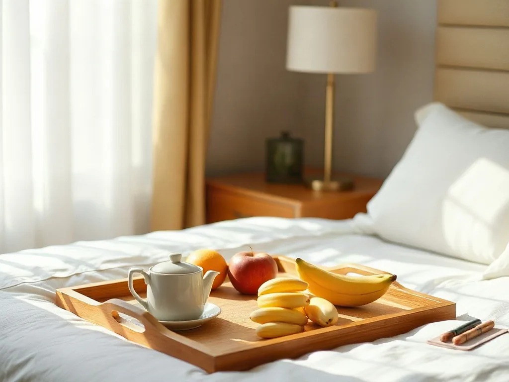 Vassoio della colazione con caffettiera e frutta appoggiato sul letto