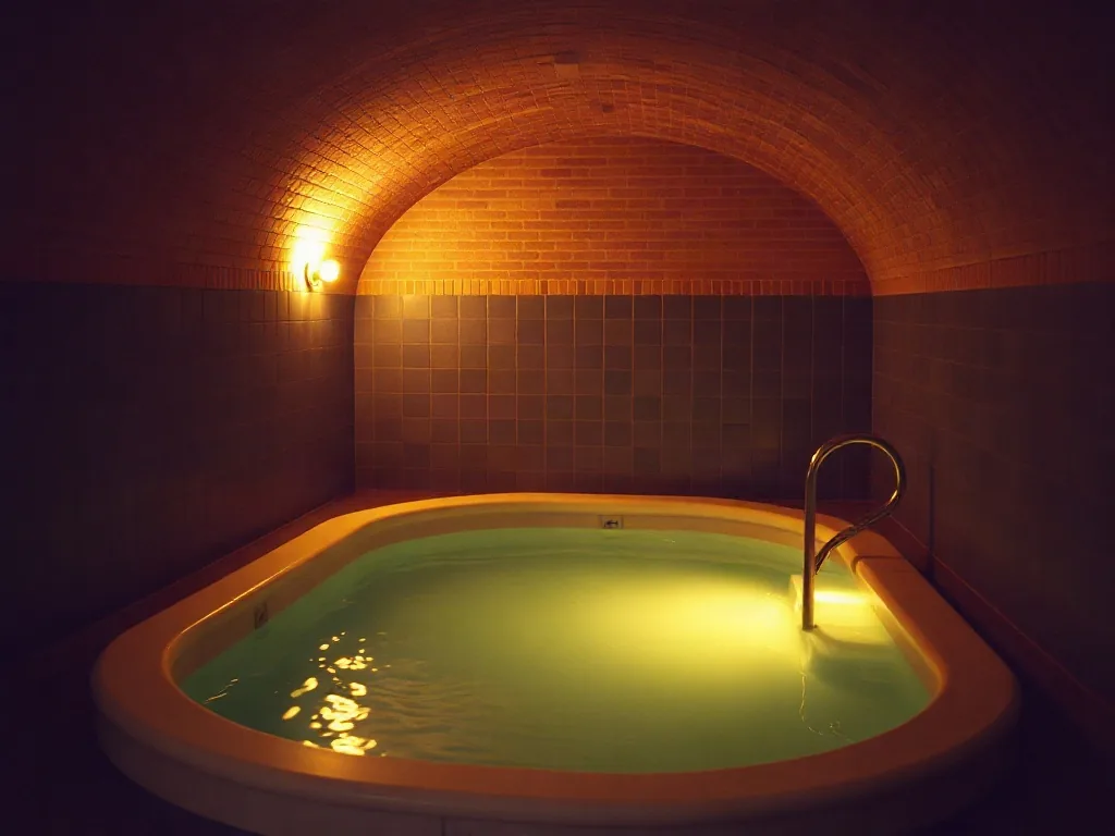 Piccola spa d'albergo sotto una volta in mattoni, con la vasca calda illuminata