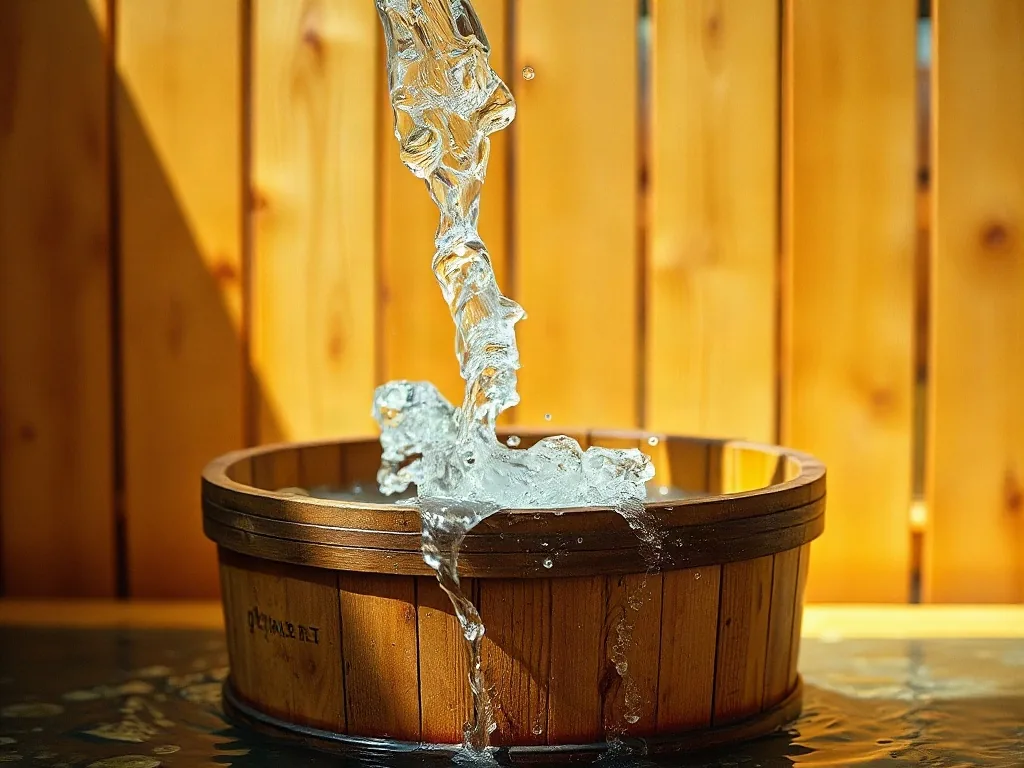Secchio di legno che rovescia acqua fredda dopo il passaggio in sauna