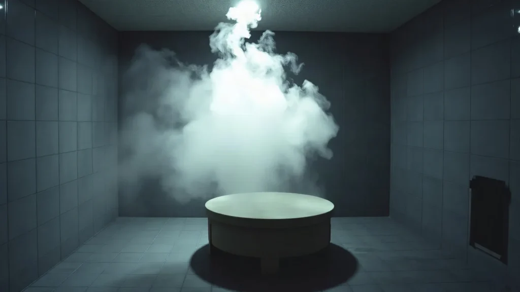 Bagno di vapore con panca curva in pietra e nebbia densa sotto una sola luce