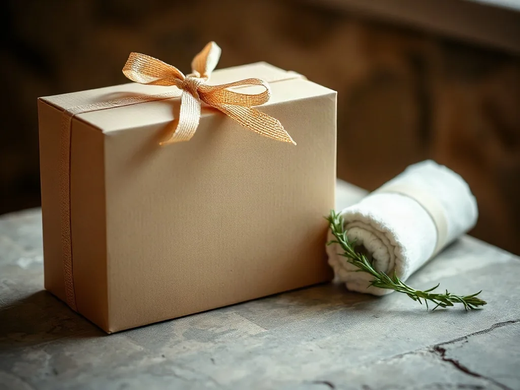 Cofanetto regalo con nastro di stoffa accanto a un telo arrotolato e un rametto di rosmarino