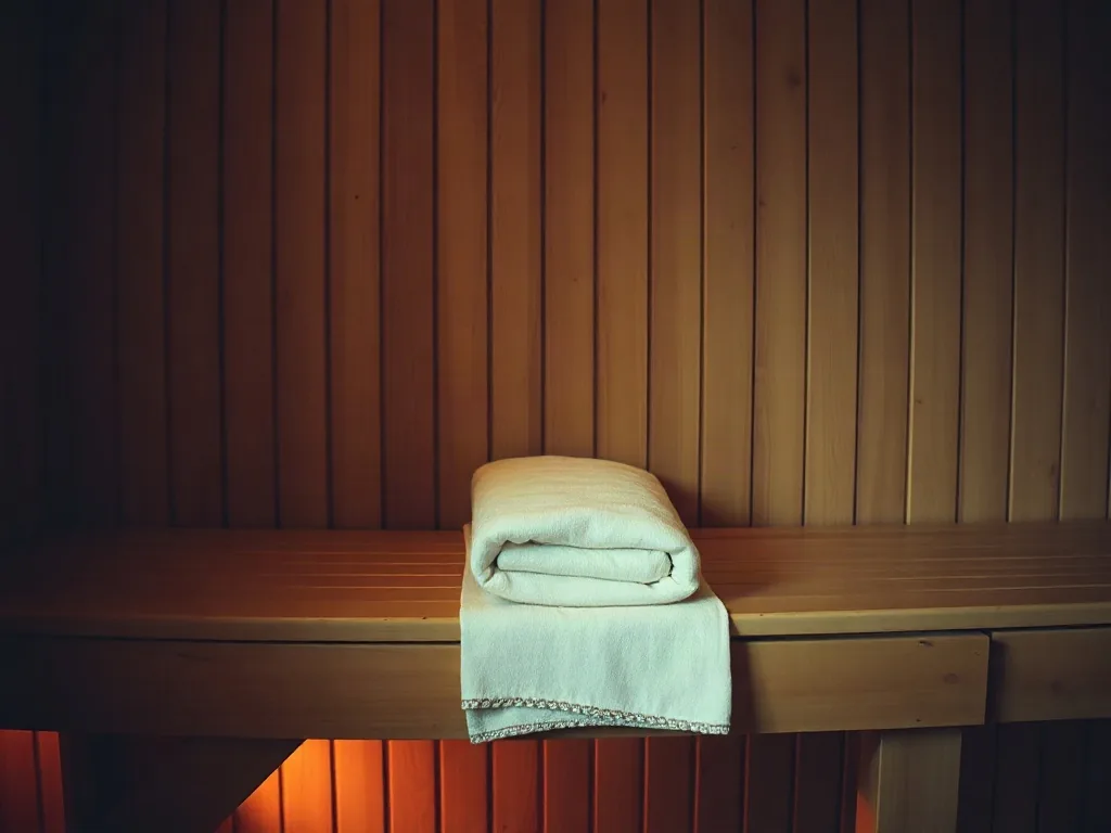 Panca alta della sauna con un telo di lino piegato, nella luce calda del legno