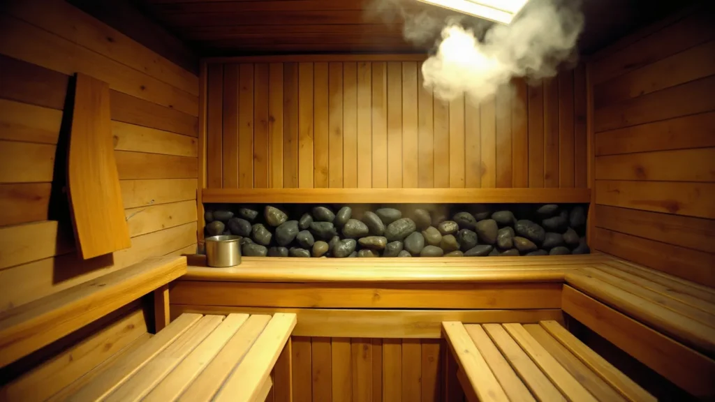 Interno di una sauna finlandese in legno con la stufa a pietre e il vapore che sale