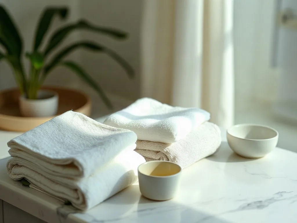 Postazione per il trattamento viso con dischetti di cotone, telo caldo e ciotola in ceramica